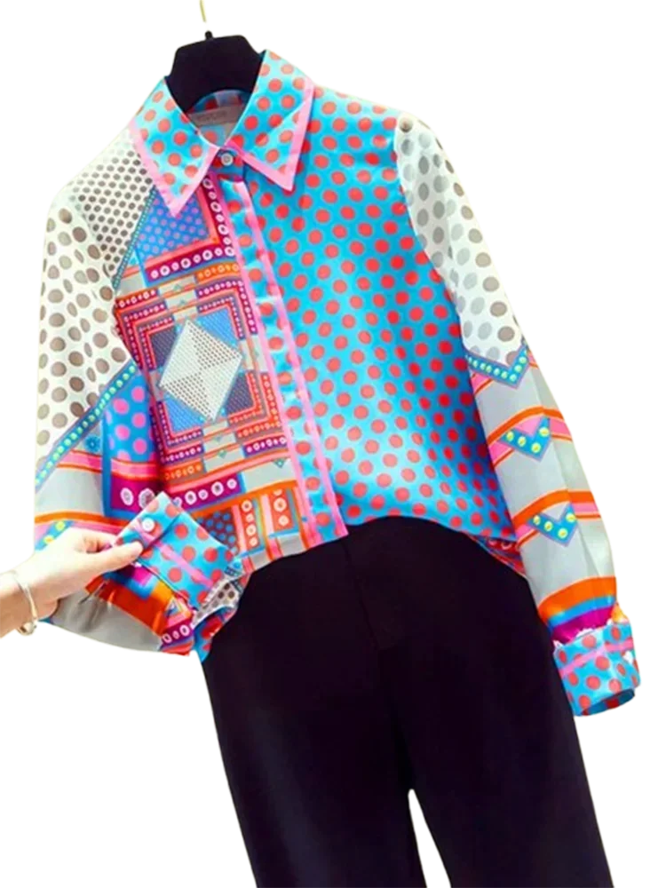Spring Autumn New Blouse Patchwork Simulation Silk Women\'s Shirt Female Top Korean Niche Polka Dot Long-Sleeved Shirt GX1438