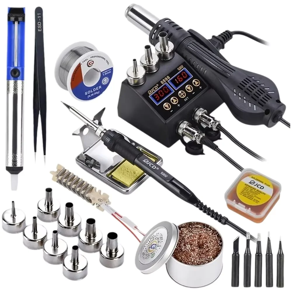 JCD 8898-750W 2‑in‑1 LCD Digital Display Rework Soldering Station, Hot Air Gun & Soldering Iron Welding Repair SMD Solder Tool Kit