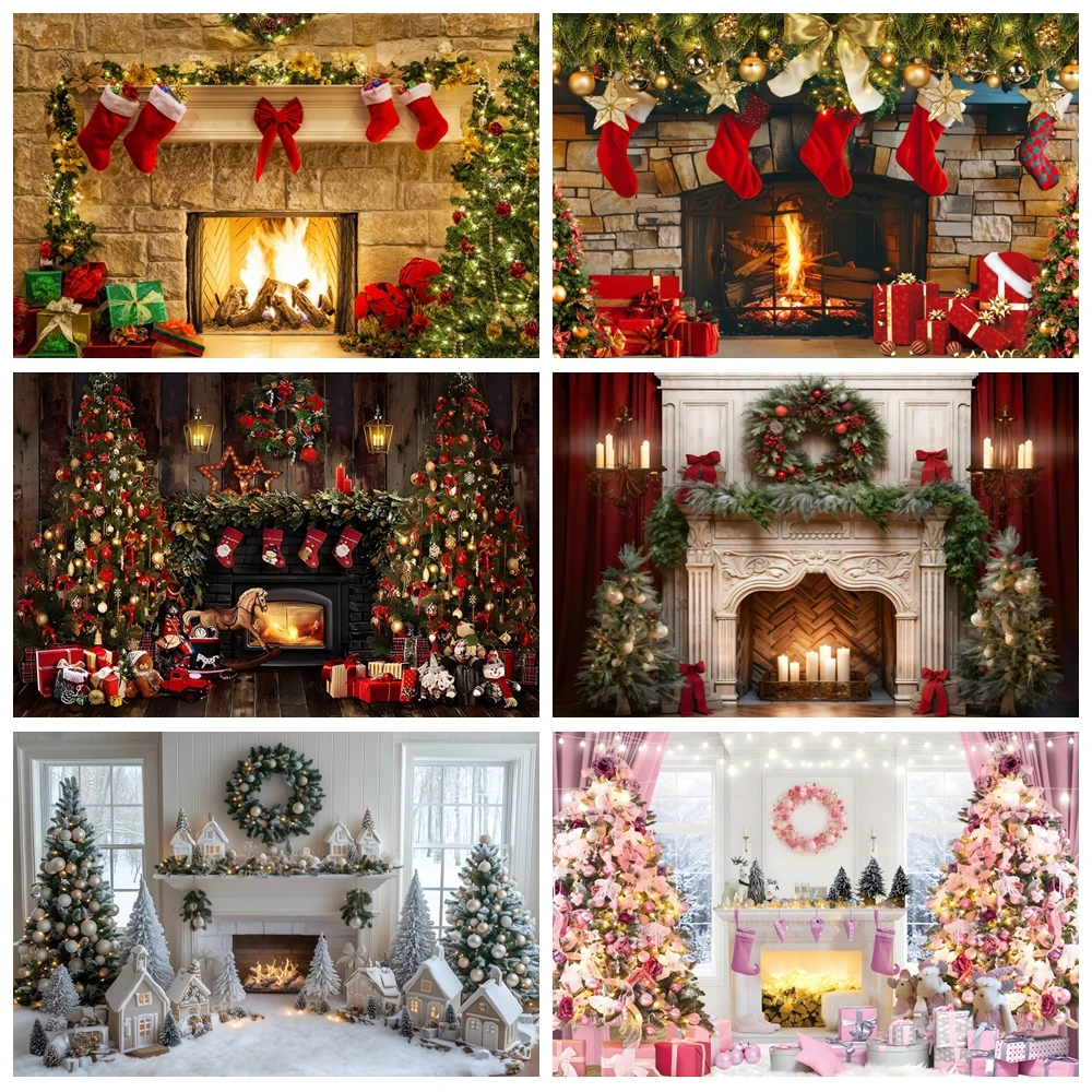 Christmas Fireplace Photography Backdrop Xmas Tree Gifts Sock Winter Window Family Christmas Party Decor Background Photo Studio