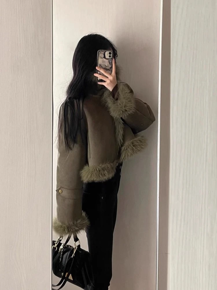 Outwear Korean Fashion Warm Coat Women Casual Long Sleeve Elegant Jackets Chic Fur Y2k Slim Clothing Woman Design 2024 Spring