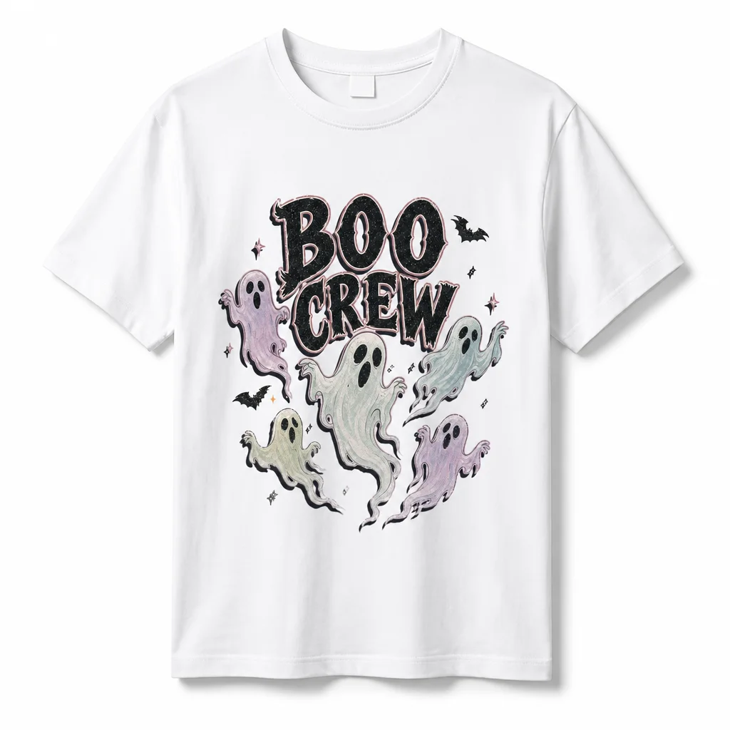 100% Cotton Soft Comfortable Boo Crew Ghost Print Women T‑Shirt For Halloween Party Daily Casual Wear