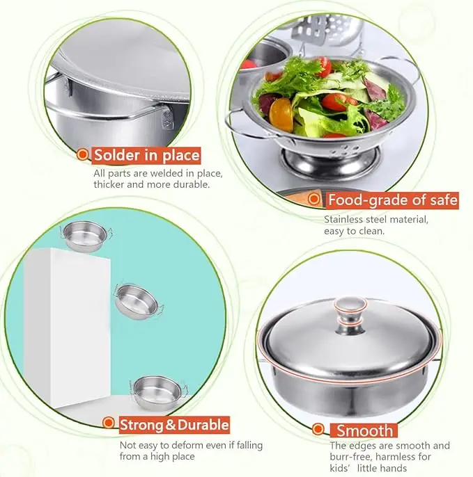 Accesorios de juego de simulación de cocina, juguetes con utensilios de cocina de acero inoxidable, utensilios de cocina y utensilios de cocina, herramienta de aprendizaje G