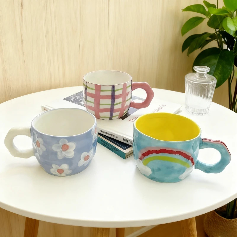 Rainbow Korean Ins Style Hand Pinched Irregular Ceramic Mugs Hand-painted Flower Coffee Cups Milk Tea Cup Valentine's Day Gift