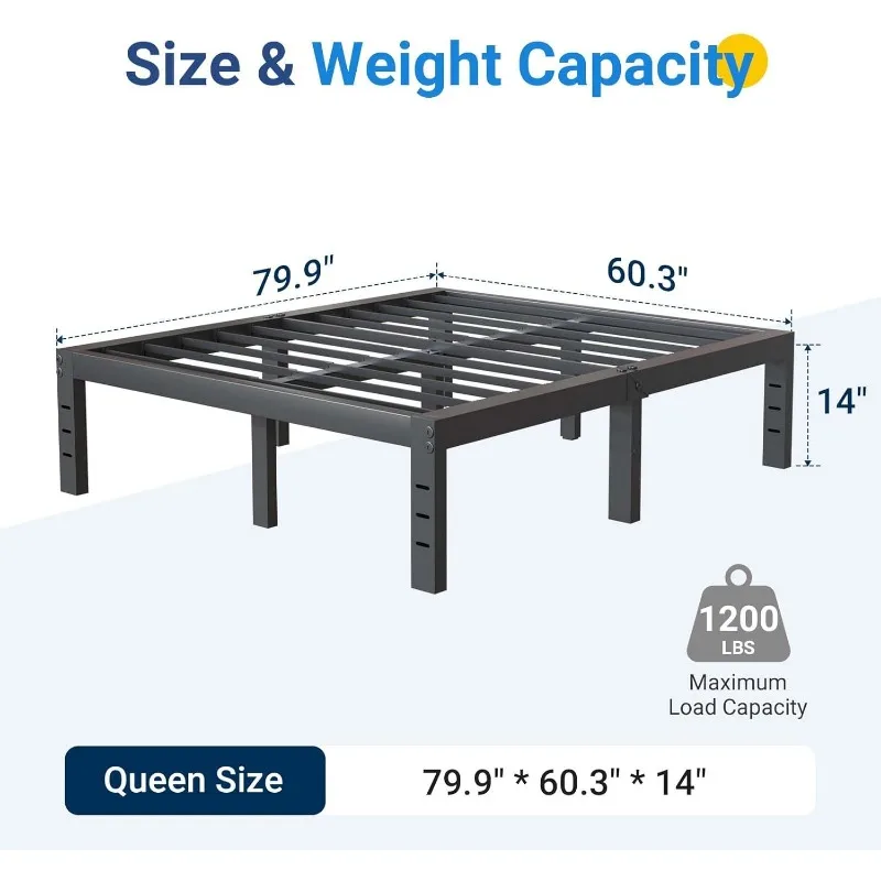 Bed Frame, 14Inch Simplicity Metal Platform Bed Frame with Underbed Storage, No Box Spring Needed, Heavy Duty Steel Slat Support