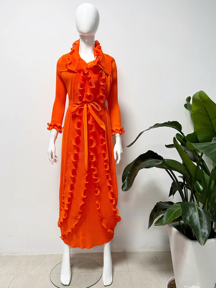 

Miyake Dress Women's 2024 Spring and Autumn New Fashion Design Sensible Wood Ear Belt Solid Color Long Women's Wear