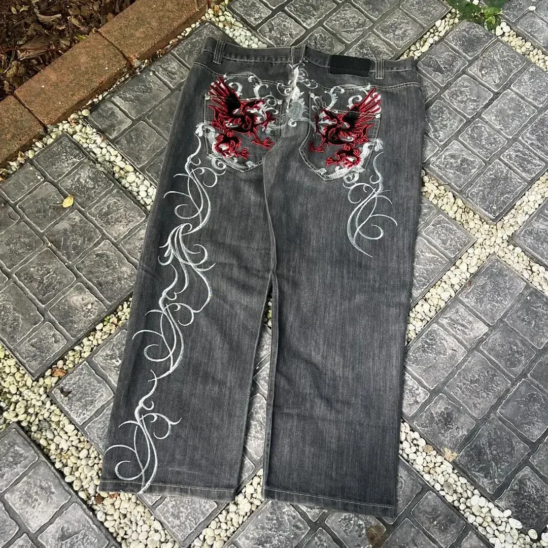 Jins bordir pola naga hitam besar, celana denim Harajuku retro, celana longgar kaki lebar pinggang tinggi batu jalanan