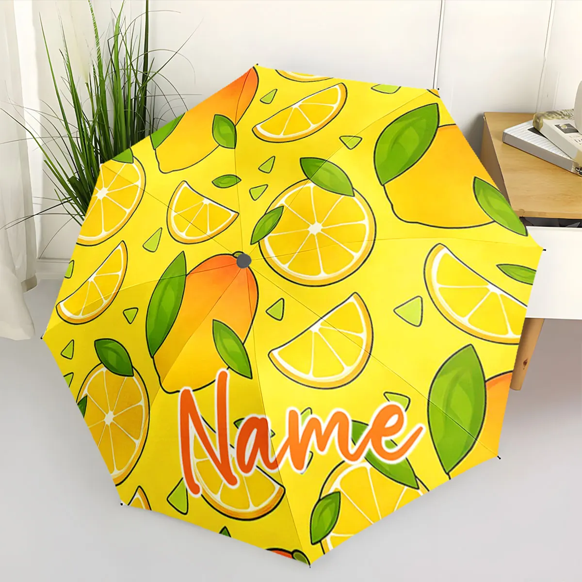 Custom Name Umbrella Bright Lemon and Mango Umbrella Design Print 8 Iron Ribs Folding Umbrella Auto-Open Fashion Sunshade