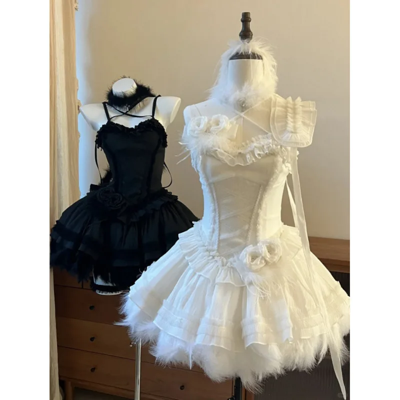 

Girl Princess Dress Feather Stroll Black And White Ballet Style Cake Dress Feather Dress Lolita Dress