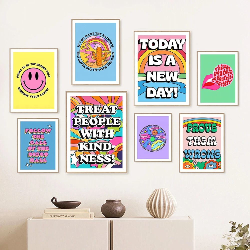 Dolly Rainbow Smiley Canvas Print Art Poster Kindness Colorful Positive Quote Abstract Disco Wall Picture Living Room Home Decor