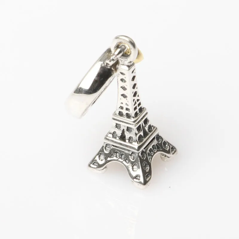 Golden Heart Paris Eiffel Tower Dangle Bead Fit Women Bracelet Bangle DIY Jewelry Authentic 925 Sterling Silver Pendant Bead