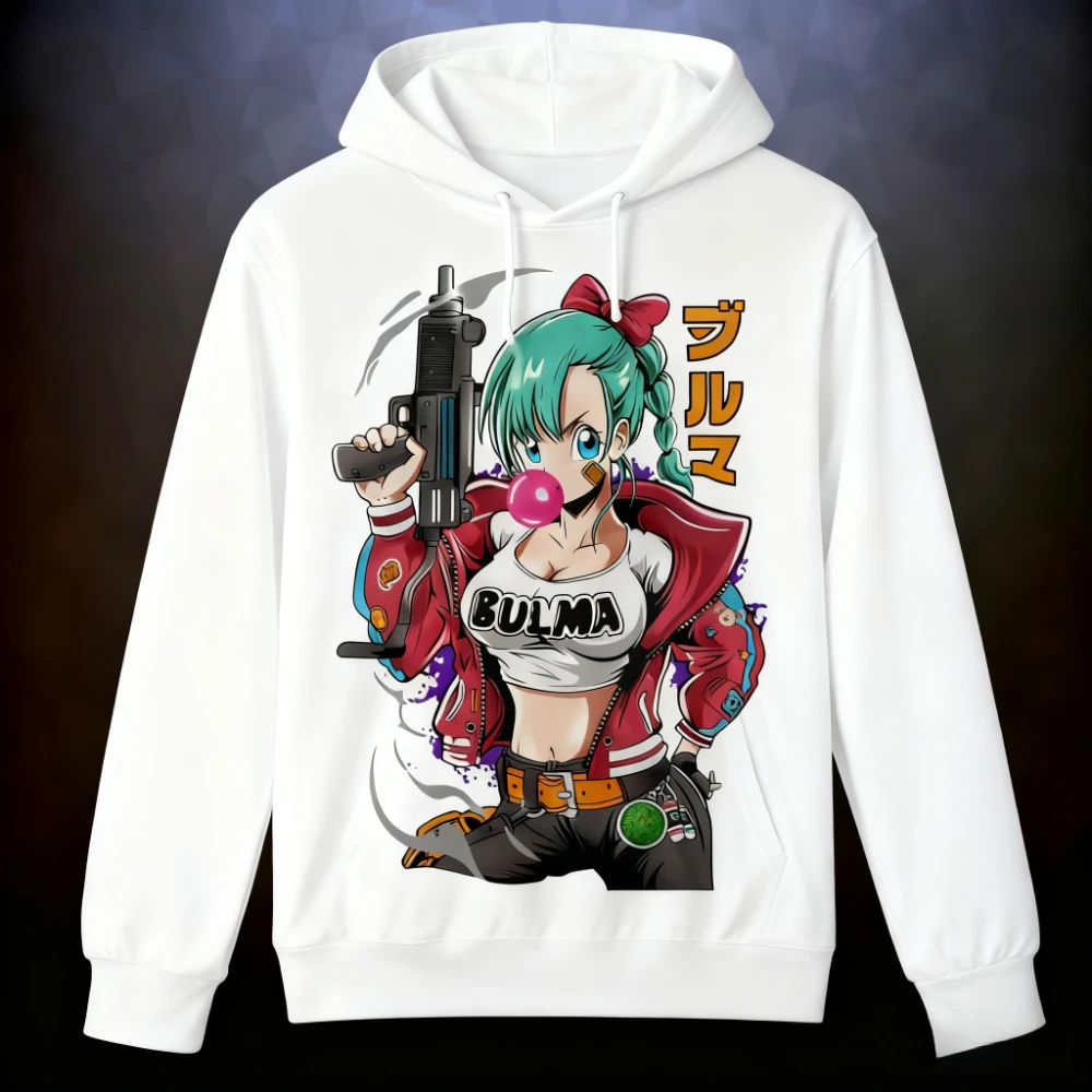 Dragon Ball Anime Personaje Bulma Sudadera con capucha estampada Sudadera con capucha básica clásica Estilos de tamaño completo para hombres y mujeres con numerosos colores