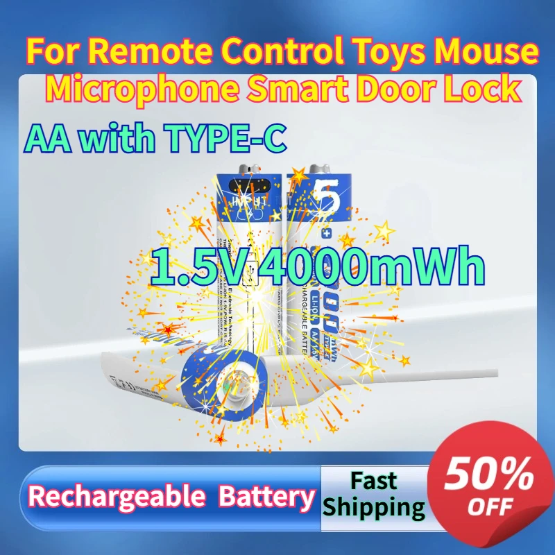 1.5V 4000mWh AA Rechargeable Li-ion Battery with TYPE-C for Remote Control Toys Mouse Microphone Smart Door Lock Batteries