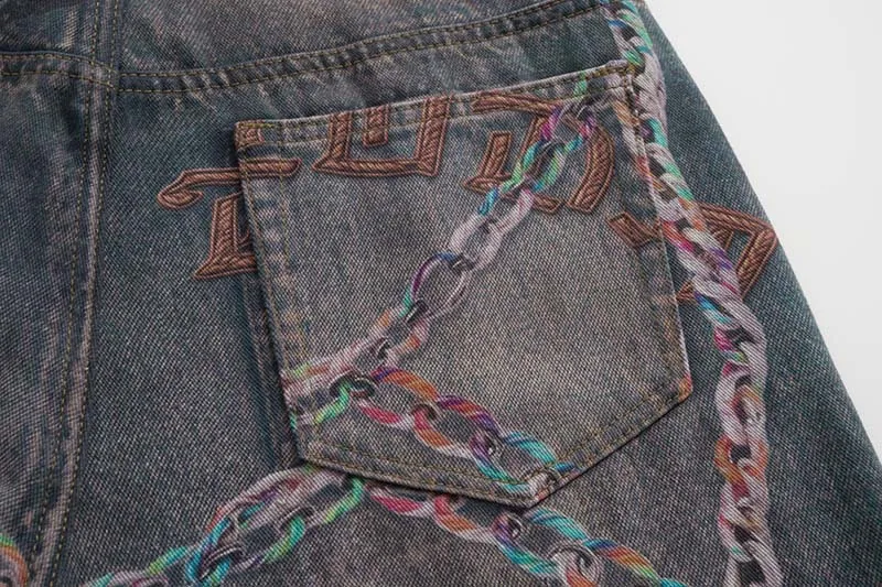 Men's High Street 3D Printed Jeans Pants Fashion Streetwear Loose Fit Vibe Style Denim Trousers Painted Wide Leg Jeans