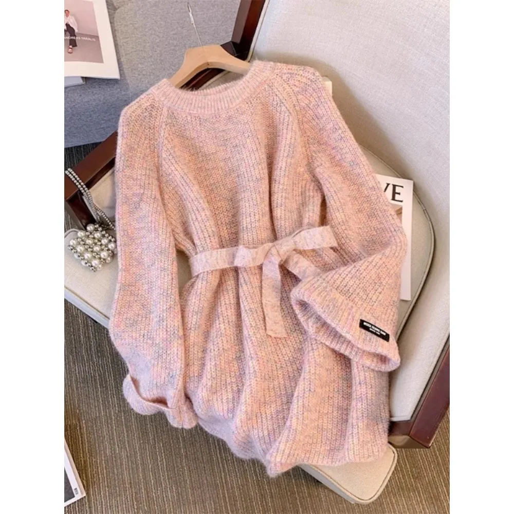 

2025 Women's Elegant Lace Up Sweater Dress Autumn Winter New Soft Loose Round Neck Long Sleeved Pullover Knitted Mid-length Top