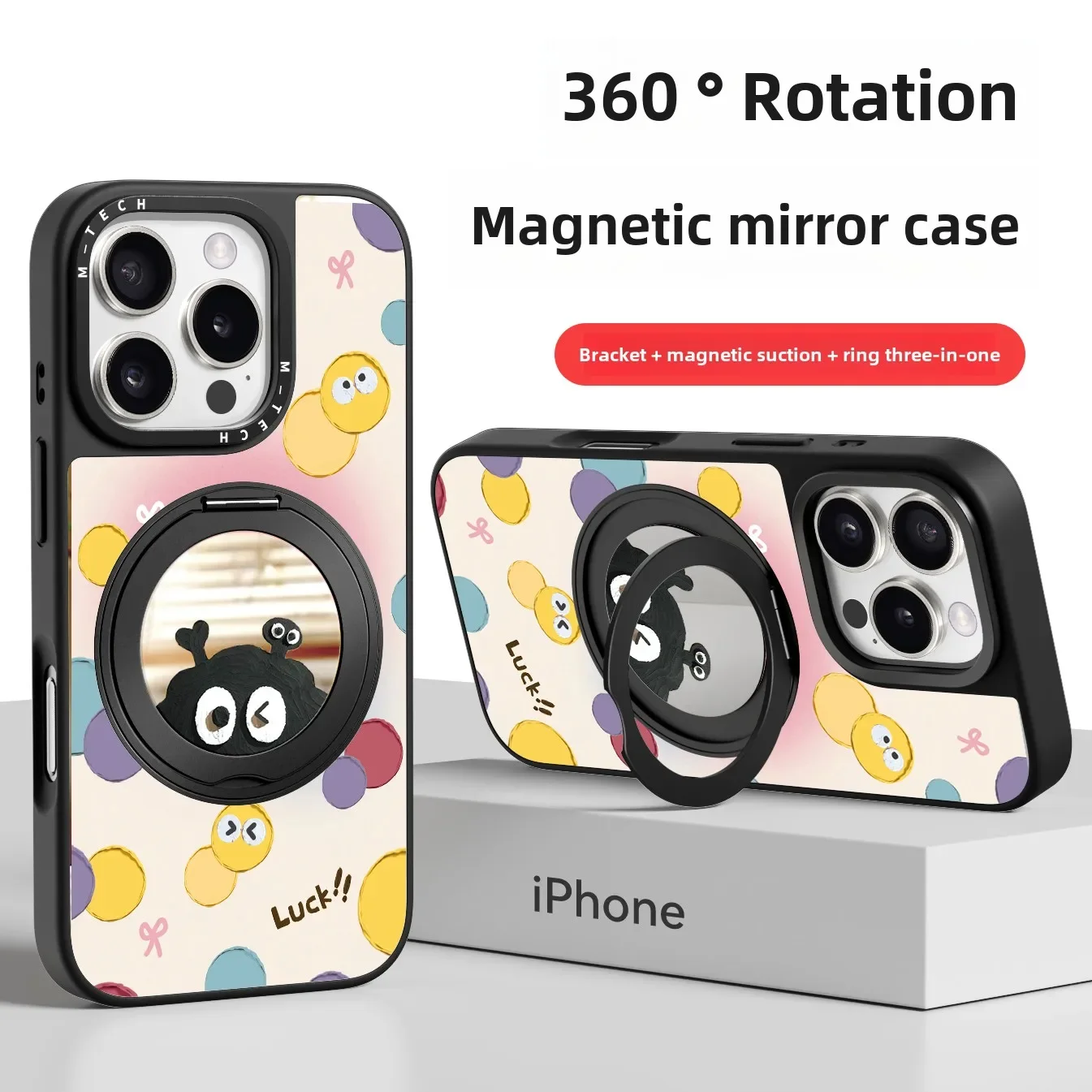 

CHKAWOCI Colored dots Black Briquettes phone case stand Magnetic Ring 3-in-1 360 degree rotating fulcrum magnetic case