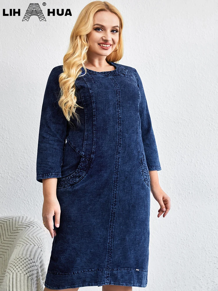 

LIH HUA Women's Plus Size Denim Dress Round Neck Autumn Chic Elegant Dresses For Chubby Women Cotton Knitted Dress