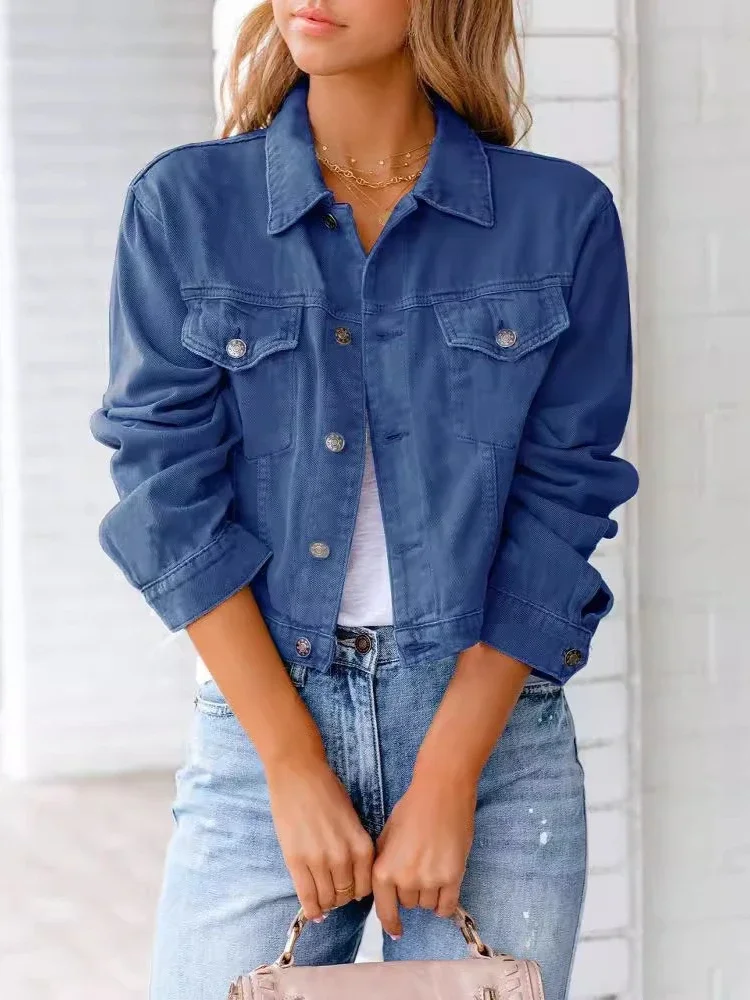Spring Autumn Womens Long Sleeve Denim Jacket Lapel Short Style Casual Women Coats Single Breasted Jeans Coat Women's Clothing