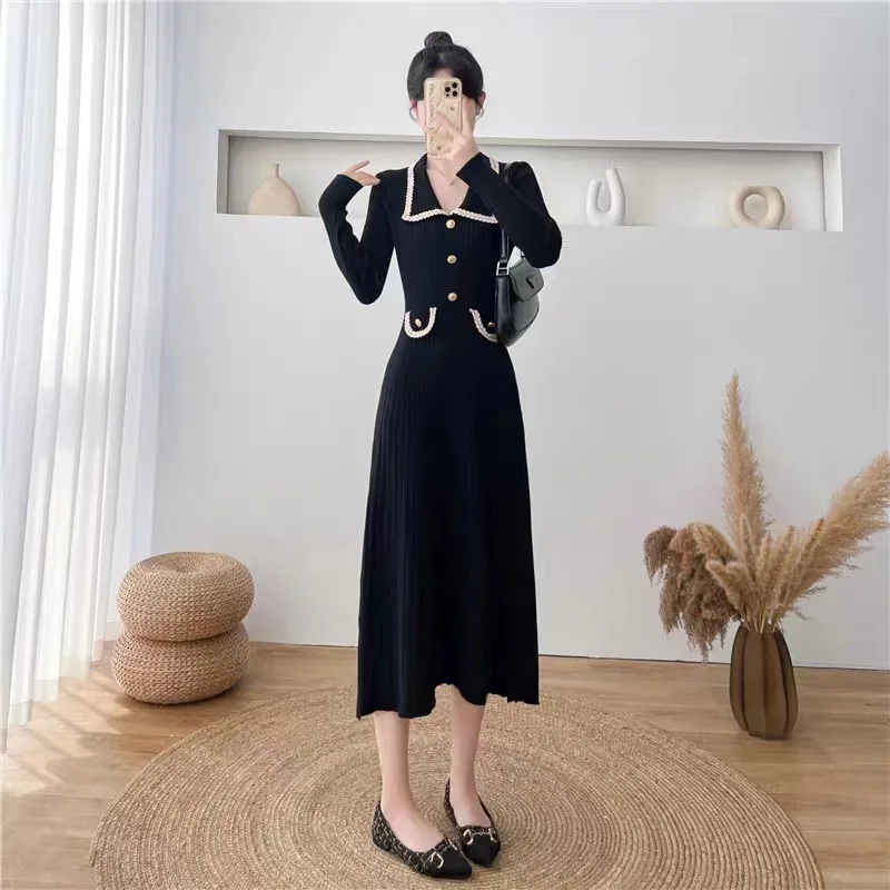 

Korean Fashion Women Knitting Midi Dress 2024 Spring New Long Sleeve Turn Down Collar Button Sweater Clothes Female Y2k