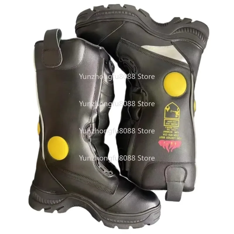 Heat/cut defensive fire boots with quick knob plastic toes and hard-wearing soles for hazardous conditions