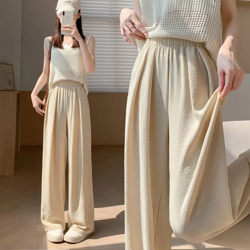 

Leisure Pants For Women's Summer Wide Leg Pants High-Waisted Thin Drawstring Pleat Wrinkle Trousers Streetwear Straight Pants