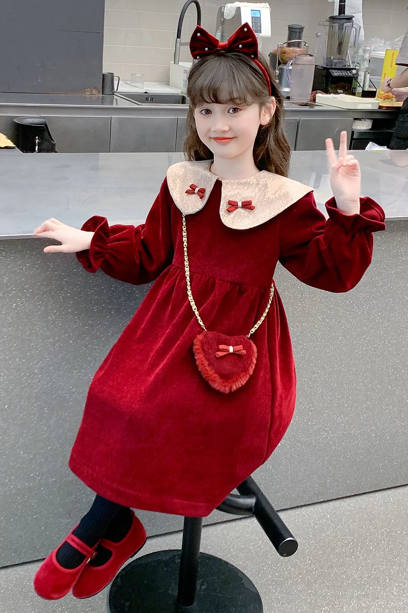 Mädchenkleid aus rotem Samt mit Paillettenkragen und Schleifendekor, Fleece-gefüttert, warm, langärmlig, A-Linien-Kleid, Kinderkleidung für Neujahr. – Detail 5