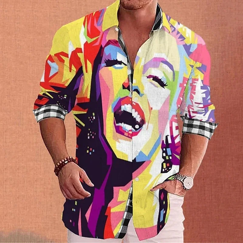 2023 Fashion Casual Men's Shirt Lapel Graffiti Ink Painting  Collar Fleece Lined Thickened Special Wide Fit Autumn Wear