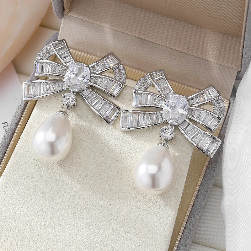 

Fashion Bowknot Design Zircon Dangle Earrings Beautiful Water Drop Imitation Pearl Bridal Earrings Women Party Jewelry Gifts