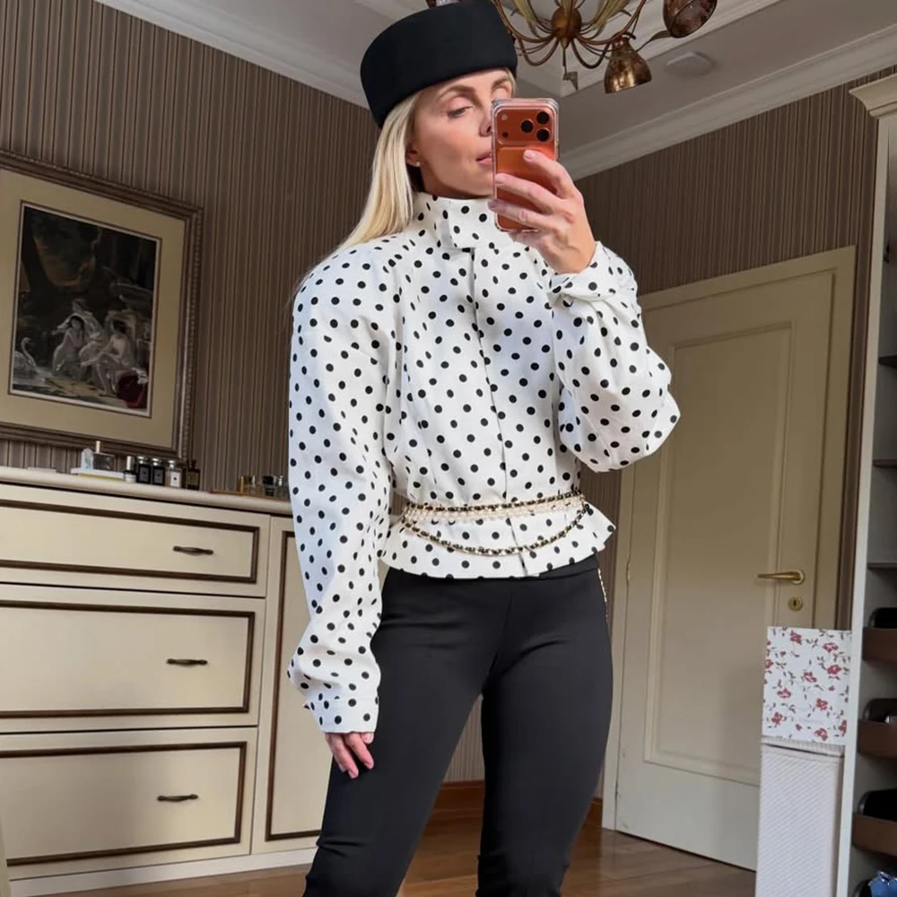 

Ticketsx Polka Dots Blazer Women's Stand Collar Long Sleeve Single Breasted Loose Cost Lady Formal Casual Holiday Tailored Coat
