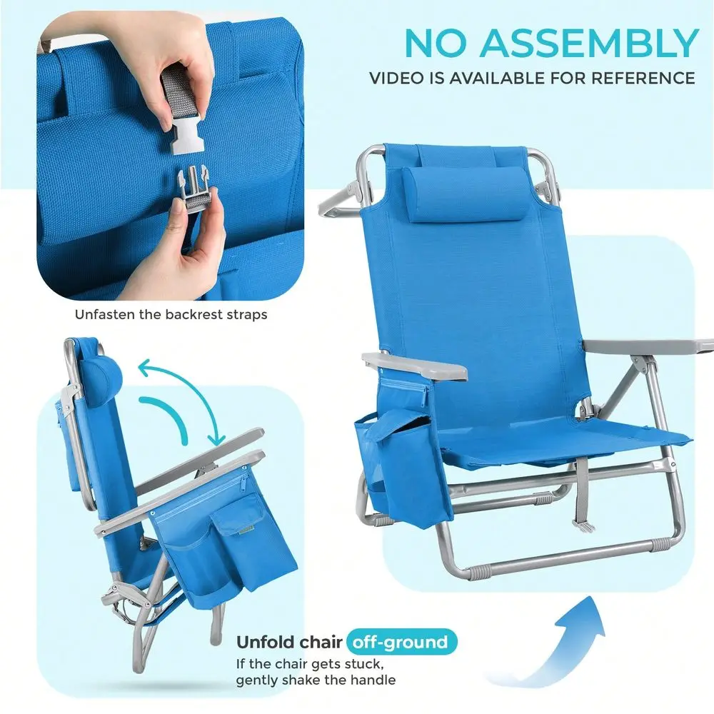 

Wide 25 Low Backpack Beach Chair For Adults W 5Position Lay Flat Headrest, Folding Reclining Beach Chair W Storage Bag, Cooler