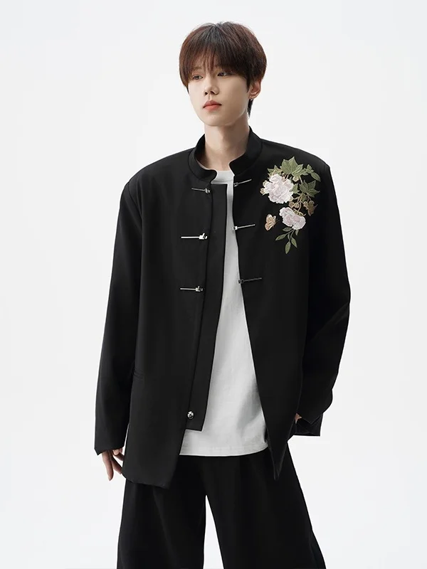 Nouveau chinois Sle brodé pivoine fleur col montant hommes costume de mariage Jaet dur et rigide décontracté Western manteau haut