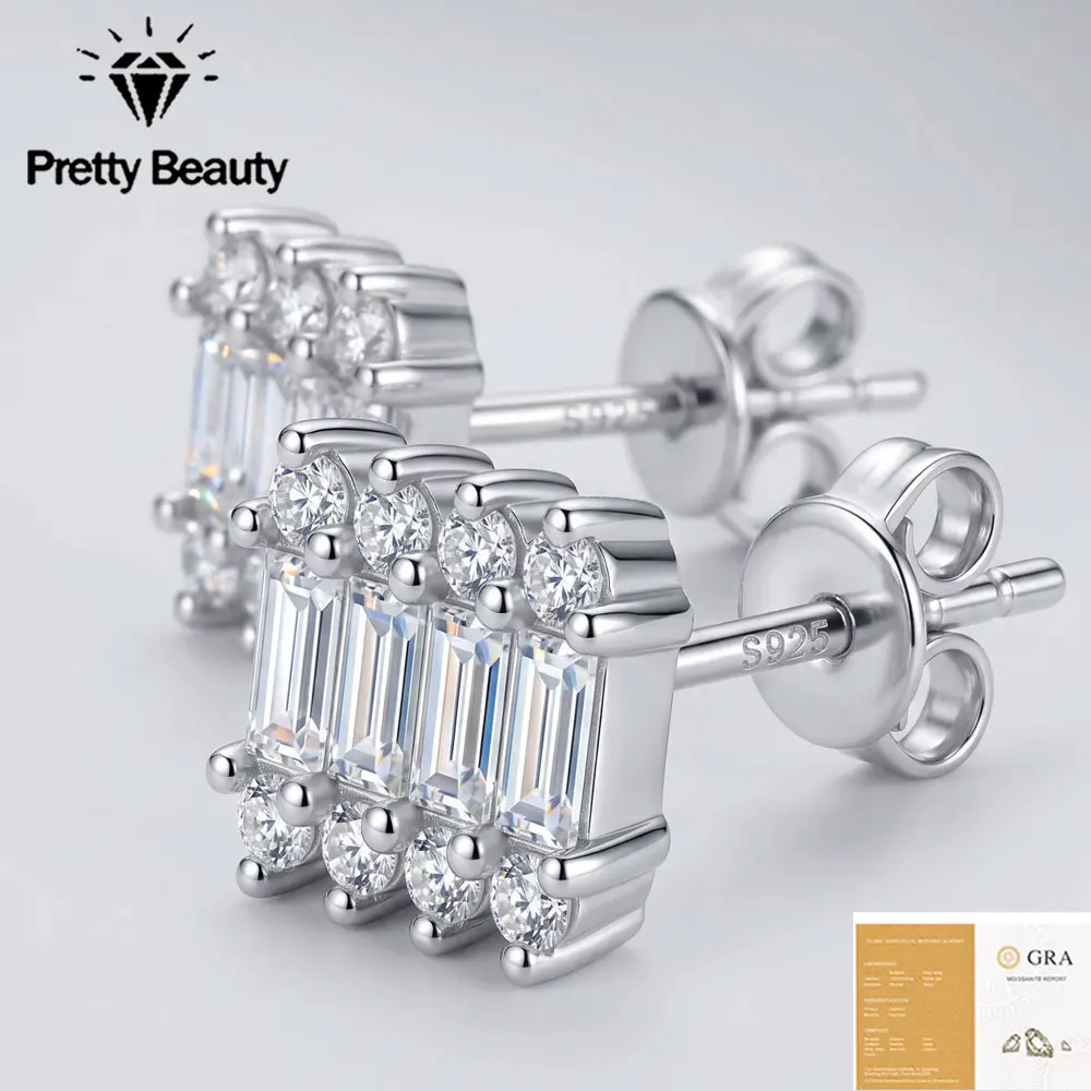 Pretty Beauty Moissanite Baguette Stud Earrings for Women 925 Silver Emerald Cut Cluster Diamond Earrings Hypoallergenic Jewelry
