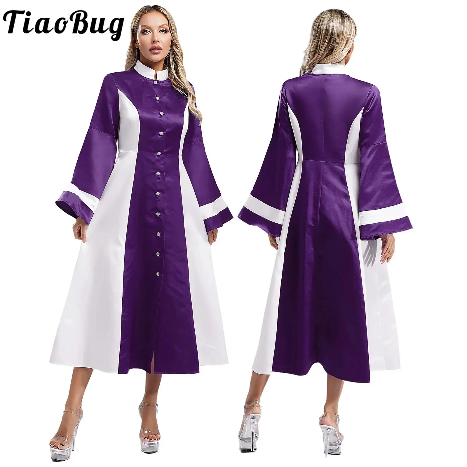 Clergy Robe for Women Color Block Flare Long Sleeve  Minister Choir Robe A-line Long Dress Church Robe Halloween Cosplay Costume