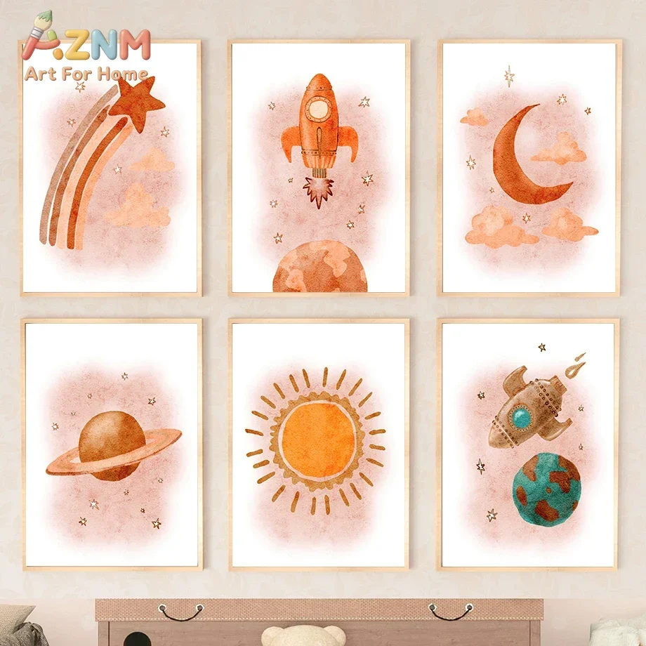 AZNM Watercolor Space Rocket Planet Shooting Star Canvas Wall Art Boho Neutral Universe Poster Print for Boys Nursery Room Decor
