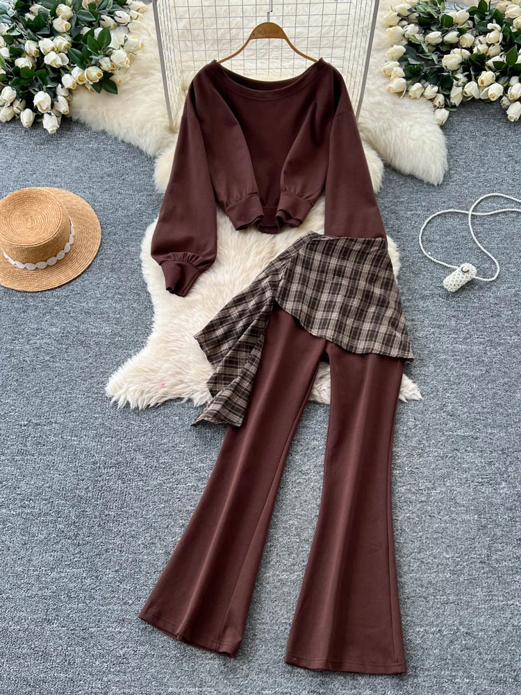 Loose Comfortable Women's Casual Set Autumn Long Sve Sweatirt Plaid Splicing High Waist Flared Pants Faionable Two-Pie...