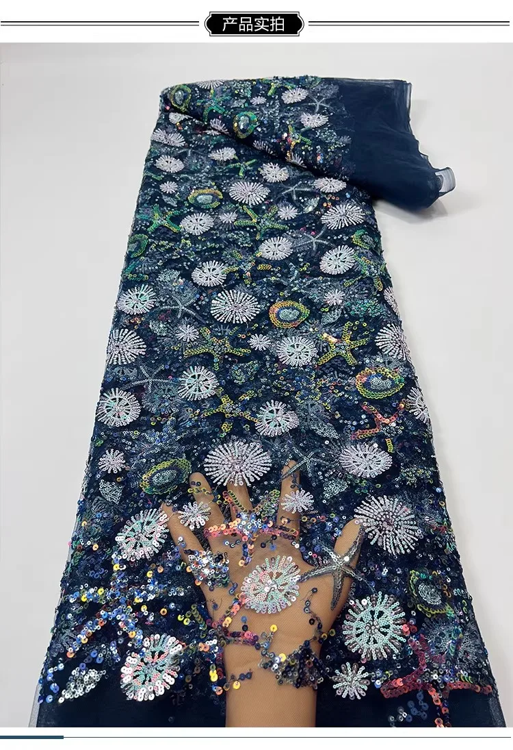Tela de gasa de lujo de 1 yarda con bordado de lentejuelas de estrella de mar para vestidos de novia, telas DIY para ropa y prendas de alto rendimiento.