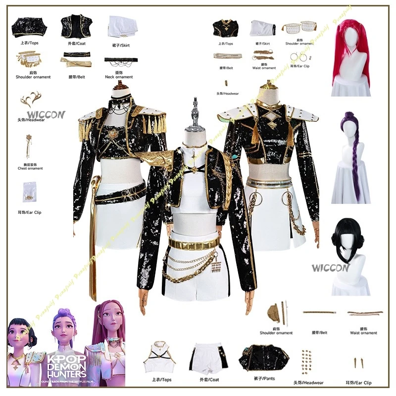 

KPop Demon Hunters Anime Rumi Zoey Mira Cosplay Costume Wig Jacket Shorts Pants Gold Stage Outfit Cool Christmas Halloween