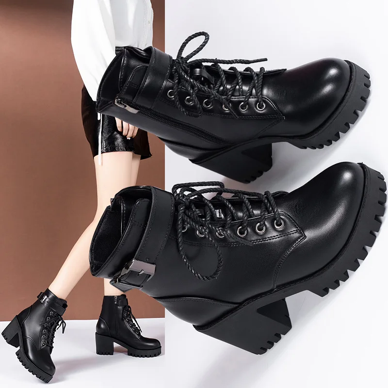 

Women Boots SpringNew British Style Trend Ankle Boots Round head Lace Up Leather Short Boots Platform Waterproof MotorcycleShoes