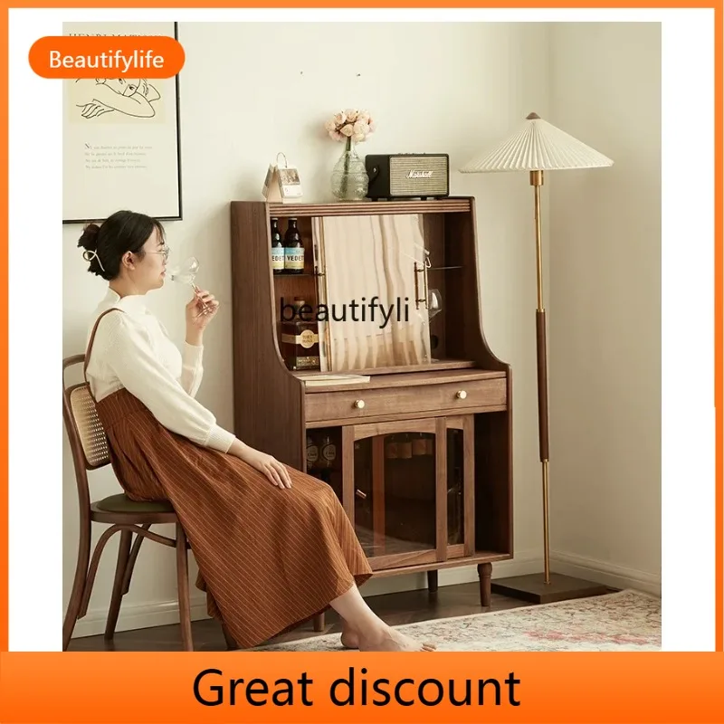 QQ45 Walnut Room Solid Wood Dining Side Integrated Wall Wine Cabinet American Living Room Storage Home Middle-Ancient Cabinet