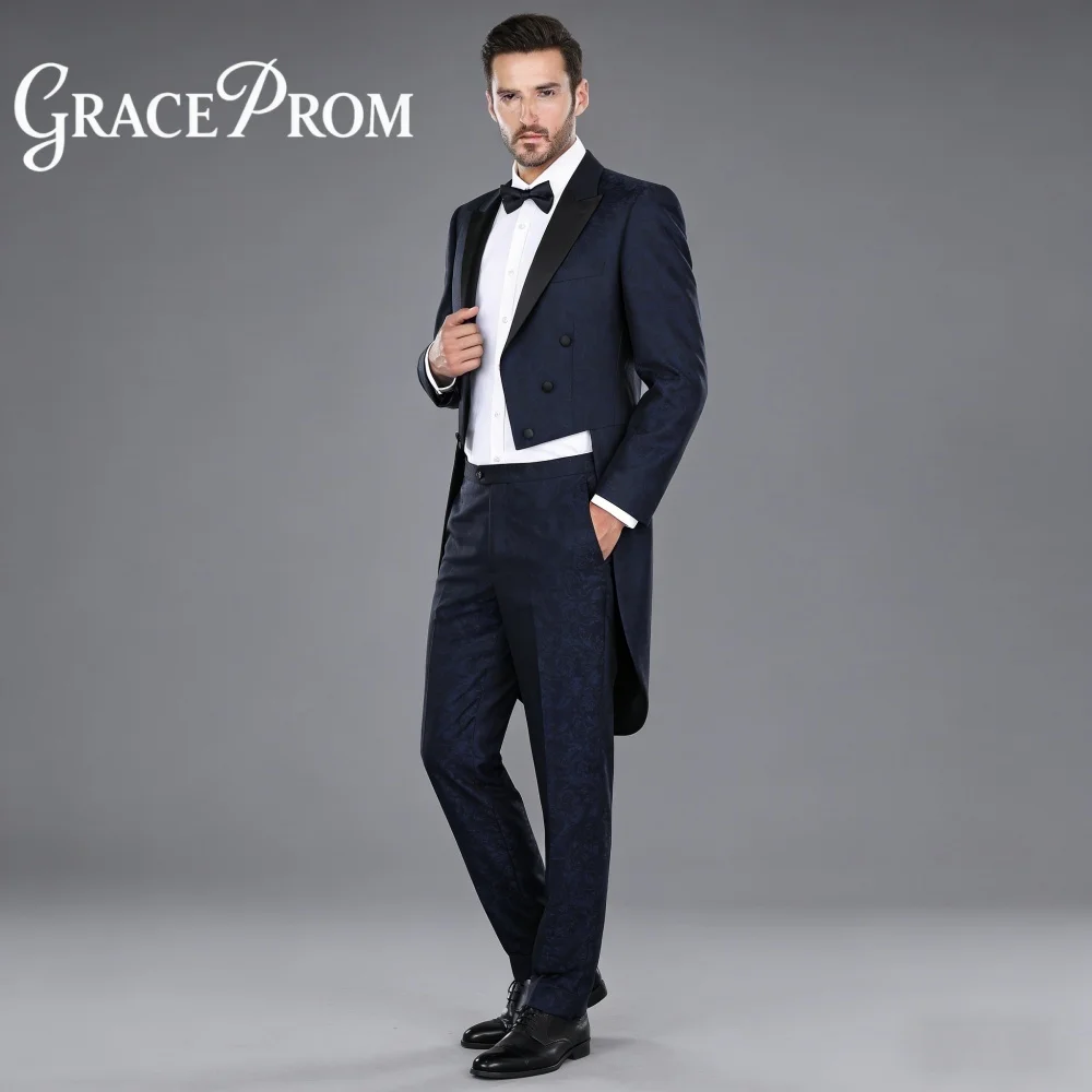 

Fashion Navy Jacquard Peak Lapel for Men Prom Formal Double Breasted Tailcoat 2PCS Suit Best Man Suit Set Includes Jacket Pants