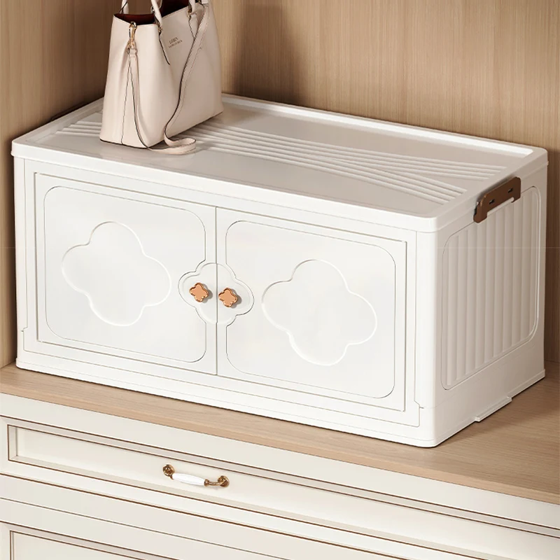 Double Door Storage Organizing Bins with Lid Stackable Foldable for Blanket Clothes Sorting Wardrobe Organizer Container Cabinet