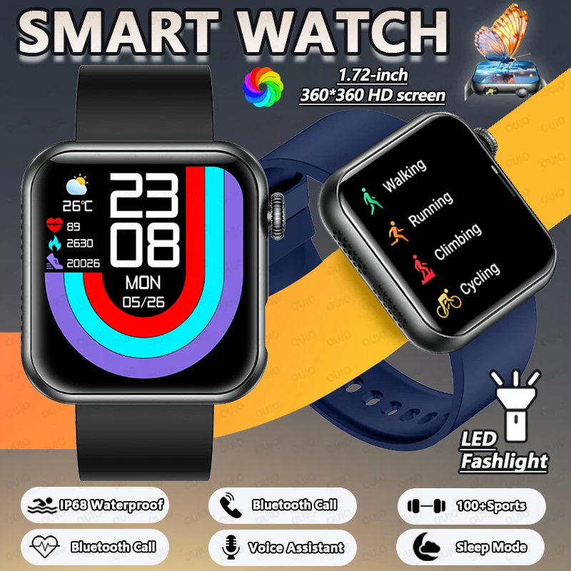 

Новинка 2025 года, IP68, водонепроницаемые спортивные умные часы, 1,72 дюйма, HD-экран, 5,4, Bluetooth-фонарик для вызова, мониторинг сердечного ритма, здоровья, умные часы