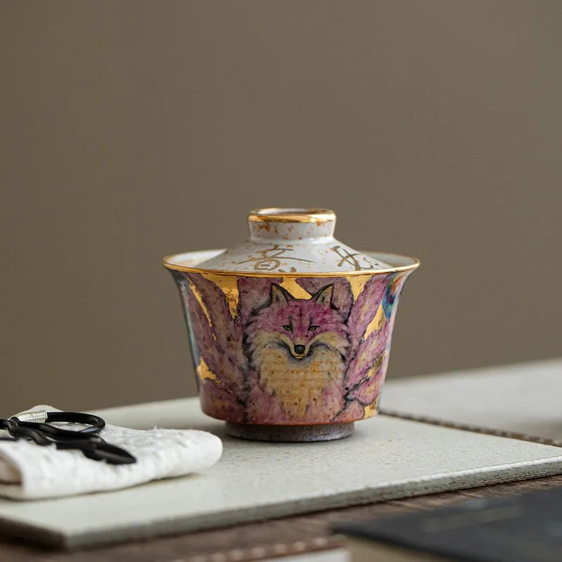 All hand-painted, burnt cover bowl, household Chinese ceramic kung fu teacup tea set