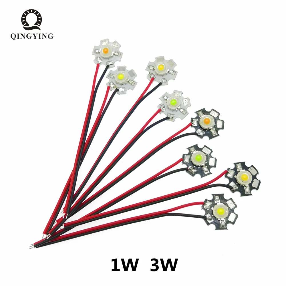 5szt 1W 3W Diody LED dużej mocy Przedszpilanie 10cm Drut z 20mm Gwiazdą PCB Biały Ciepły Głęboki Czerwony Zielony Królewski Niebieski Żółty Kolor UV