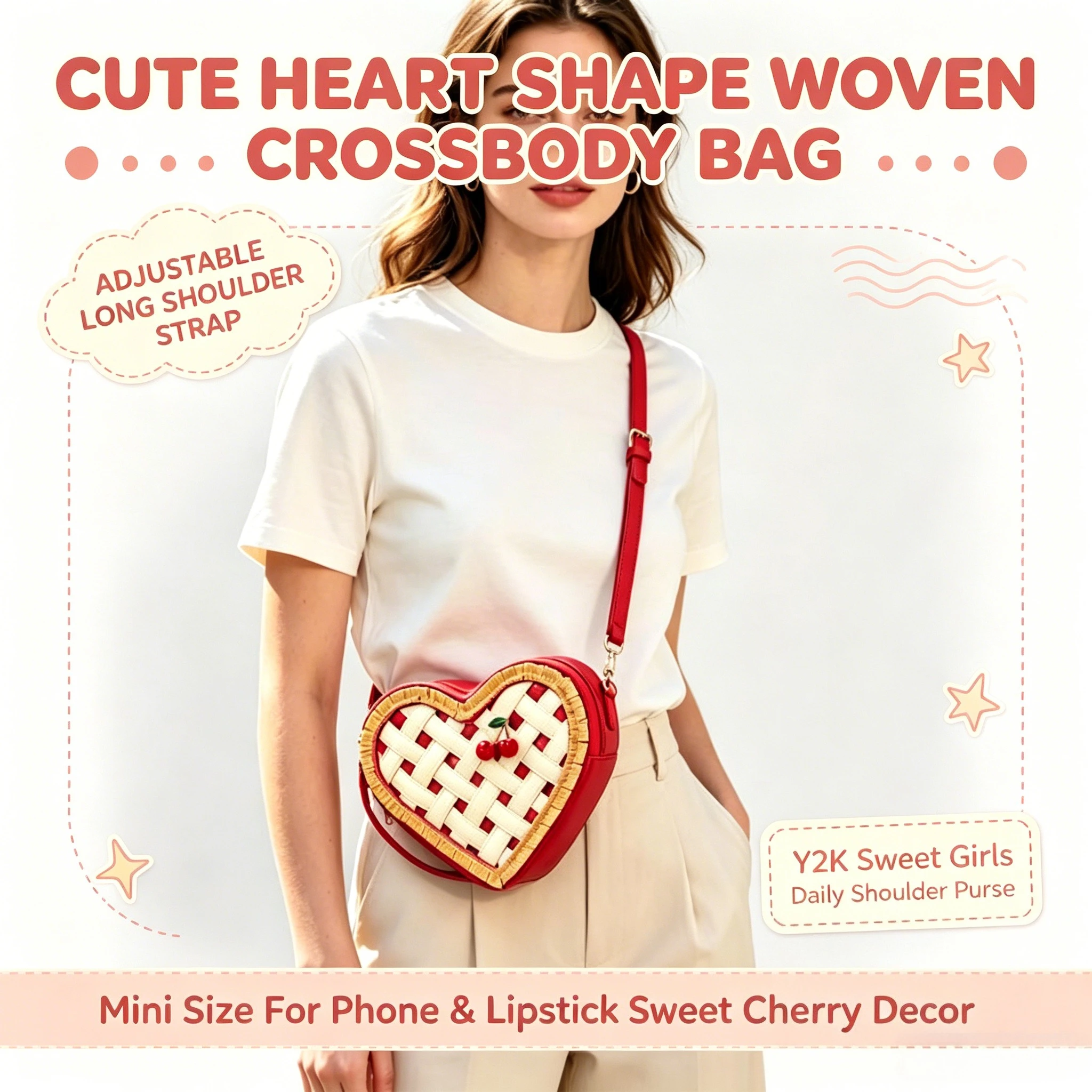 Red Heart Shaped Cherry Pie Crossbody Bag, Cute Cherry Ornament Kawaii Sweet Dessert Inspired Shoulder Bag for Women & Girls