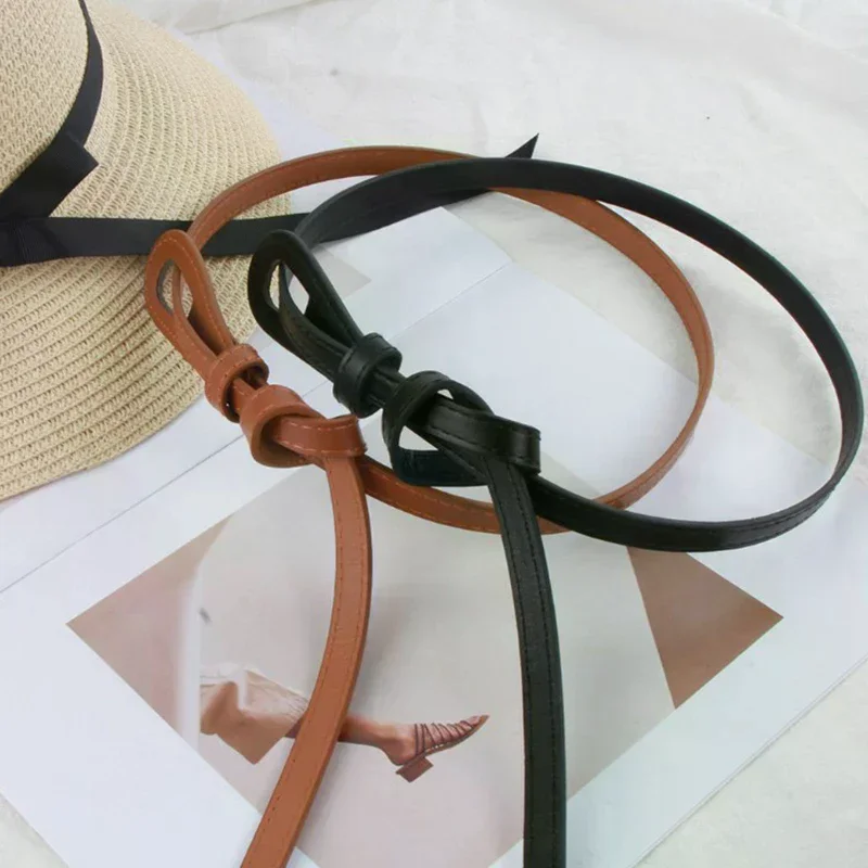 Lady's Thin Knot Belts Elegant Waist Accessory with PU Straps Long for Dress and Coats Designer Wear