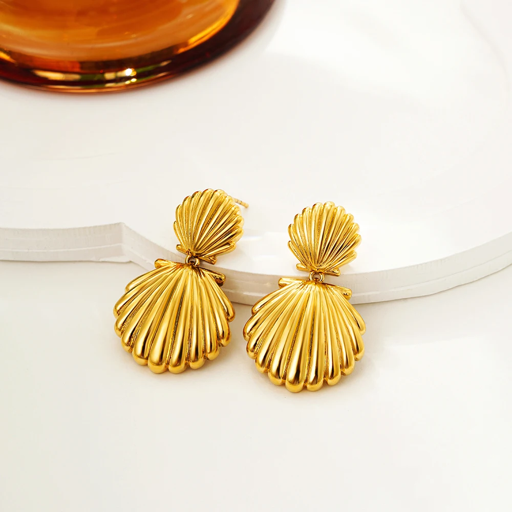 Shell Textured Metal Stainless Steel Drop Earrings Summer Beach Holiday Waterproof Charm Jewelry for Women