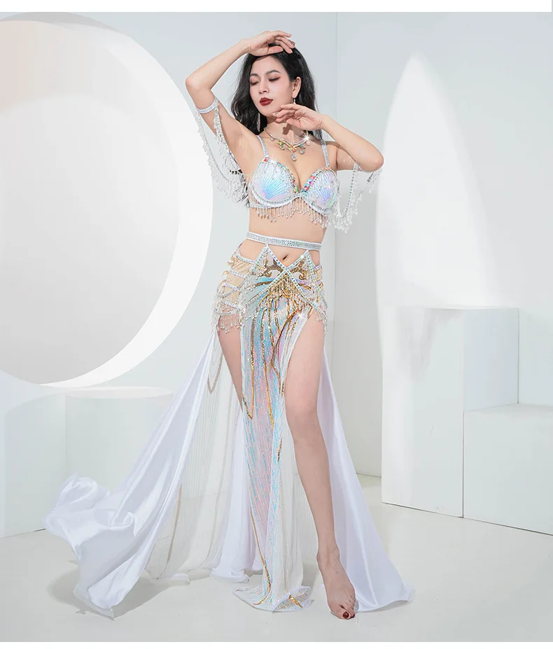 

Competition Oriental Dance Embroid Bra Skirt Crystal Beads Sleeves Group Performance Set Golden Egyptian Belly Dance Costume
