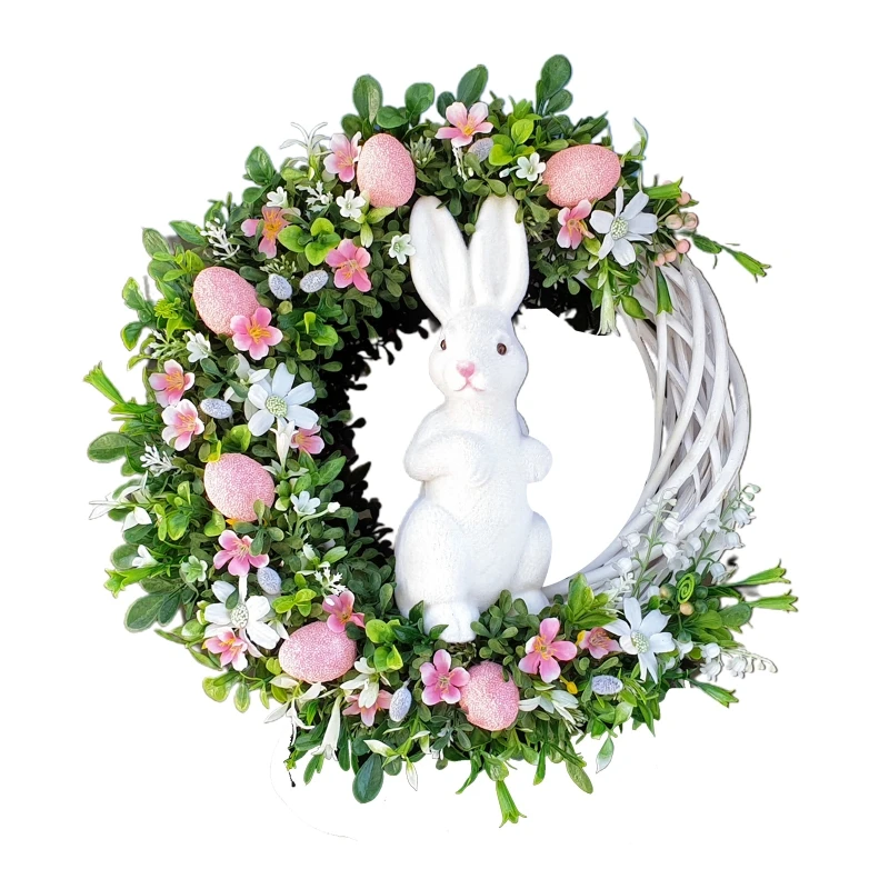 Easter Rabbit Bunny Wreath with Eggs Artificial Flowers Greenery Spring Hanging Pendant Ornament for Front Door G5AB