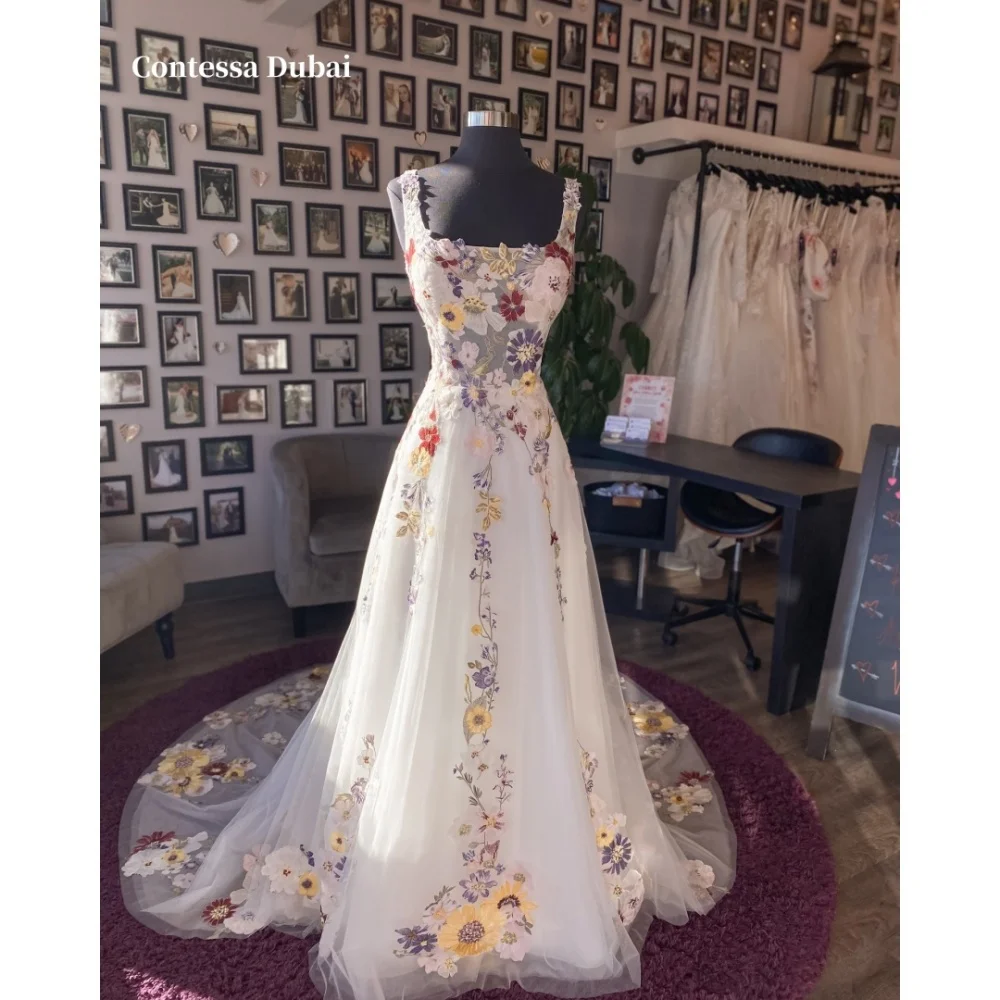 

Sansa Dubai White Appliques Square Collar Prom Dresses Customized فساتين سهرات Sweep Train A-line Evening Dress 2025