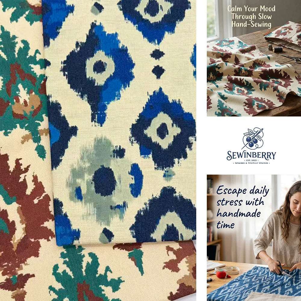 Boho Vintage Ikat Ethnic Geometric Floral Print Cotton Fabric Stress Relief DIY Sewing Material For Garment Cushion Bag